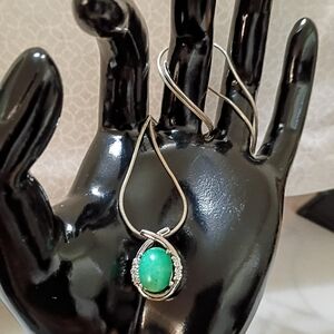 Vintage 925 Genuine Chrysoprase Cabachon Stone CZ Pendant 18" Snake Chain Italy